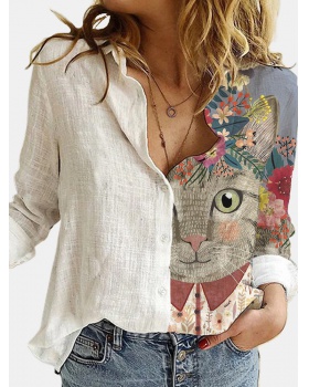 Animal loose long sleeve printing kitty shirt for women
