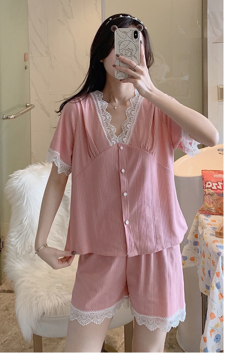 V-neck wears outside cardigan screw thread combed pajamas