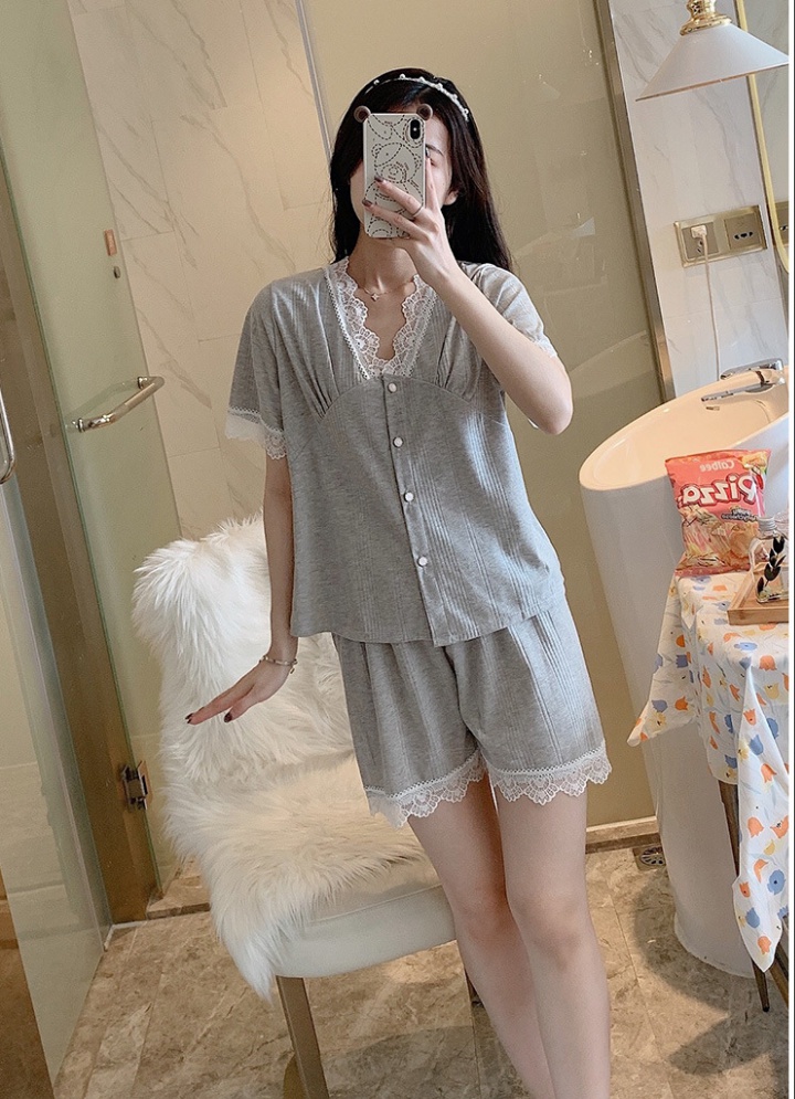 V-neck wears outside cardigan screw thread combed pajamas
