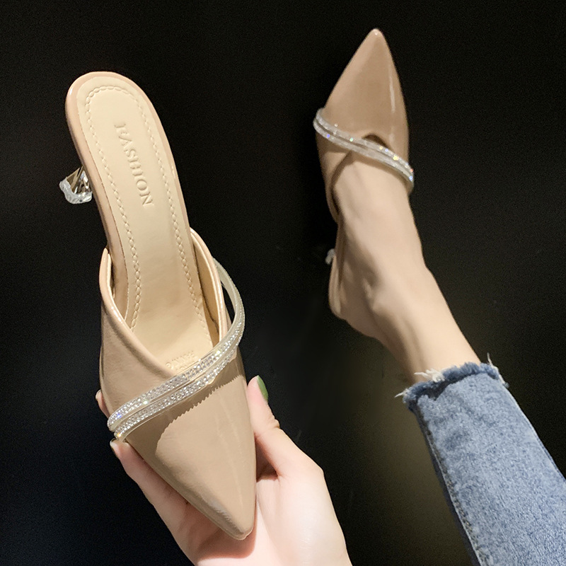 Fine-root high-heeled rhinestone slippers for women