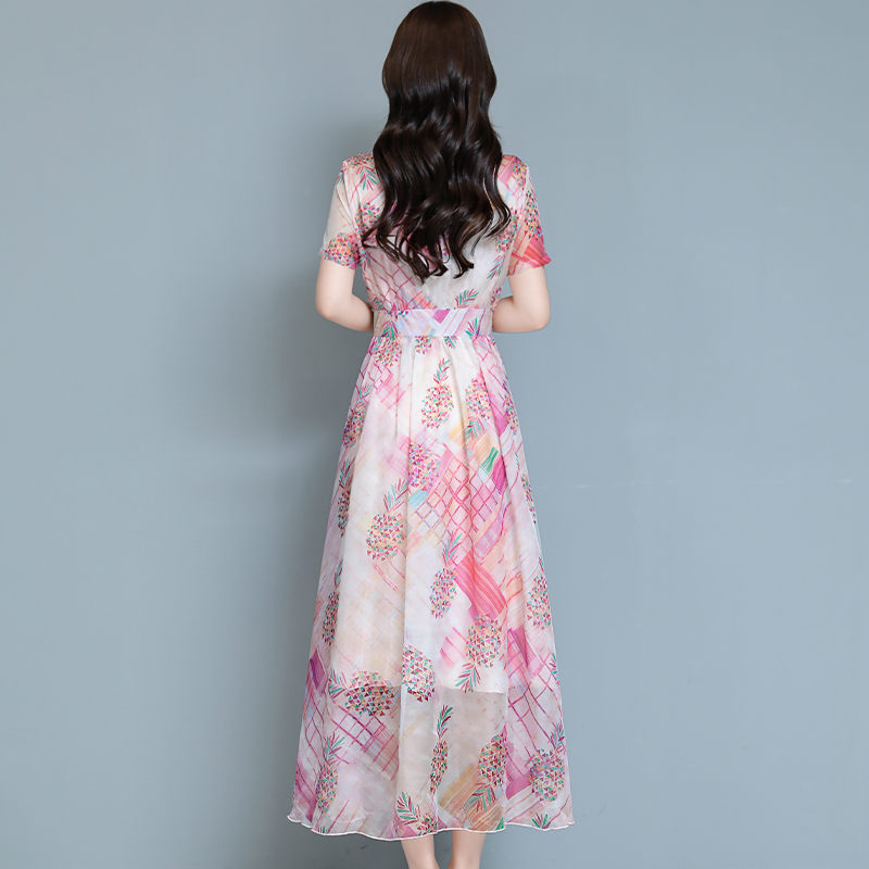 Short sleeve summer dress printing big skirt long dress