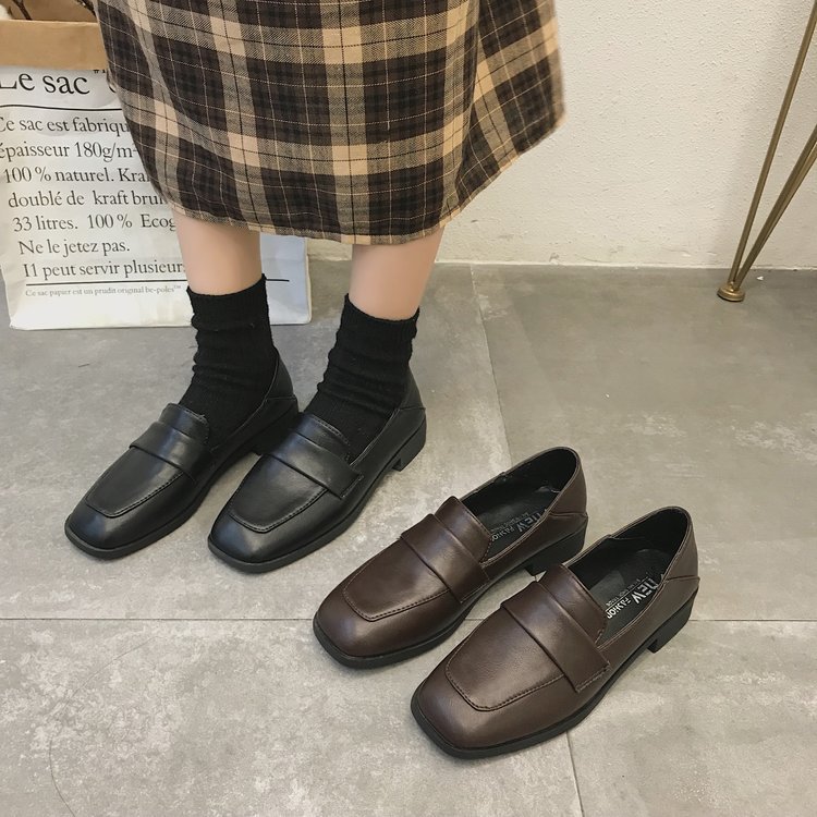 Square head shoes thick loafers for women