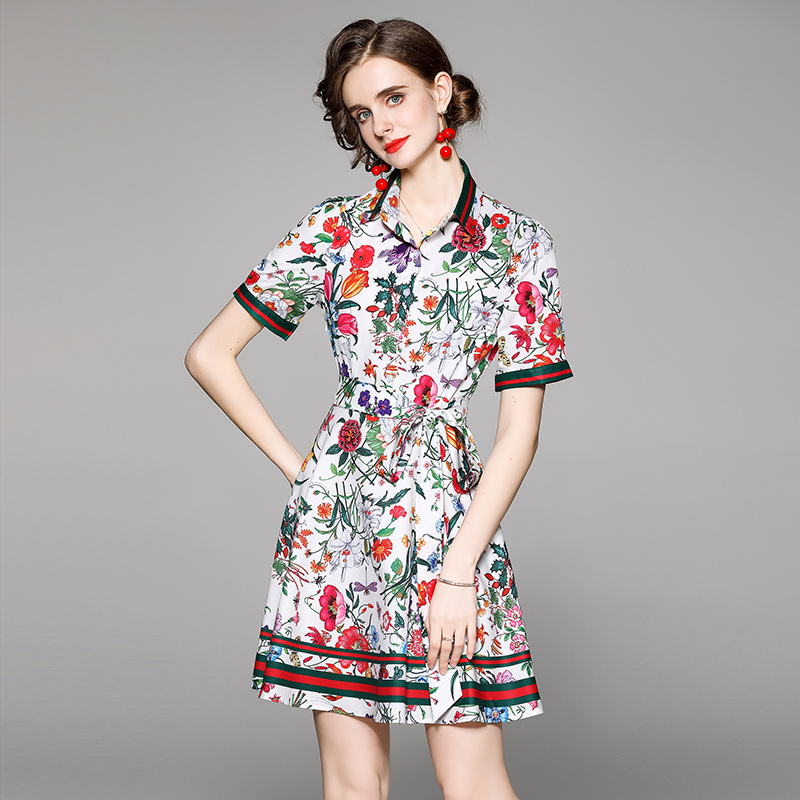 Pinched waist short sleeve fashion European style dress