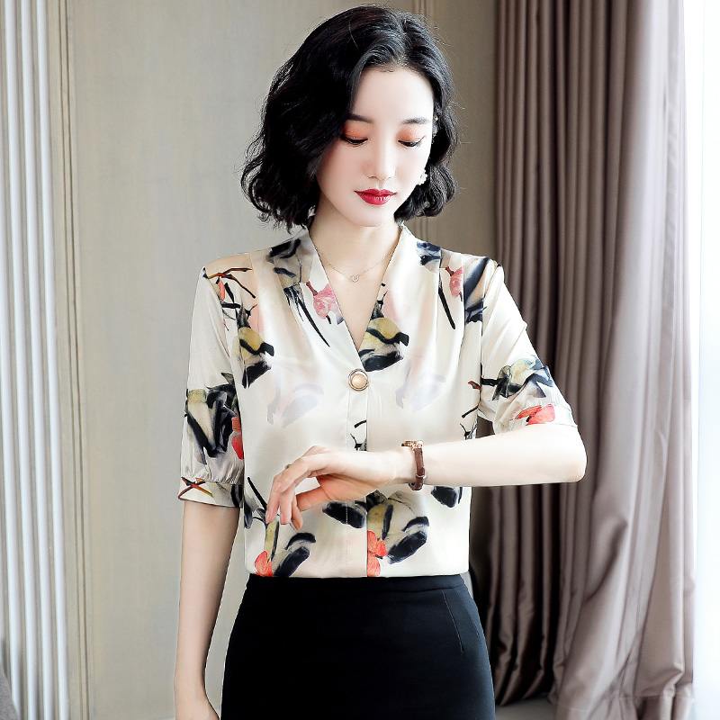 Short sleeve temperament shirt real silk tops for women