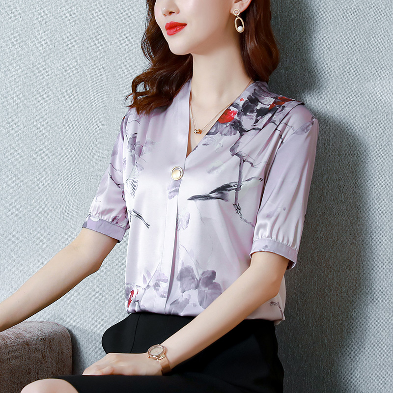 Short sleeve temperament shirt real silk tops for women
