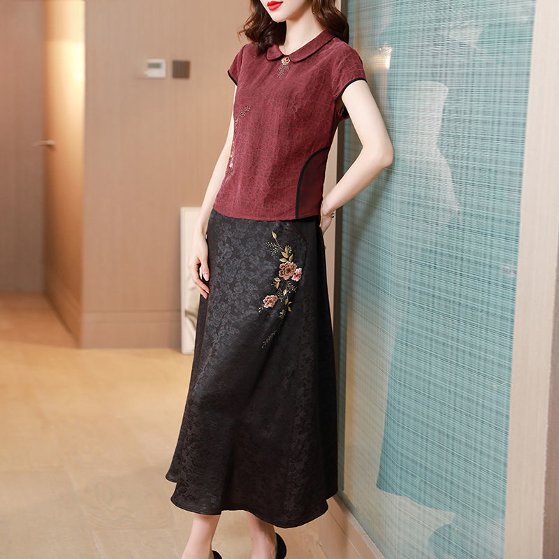 Embroidered summer shirt silk skirt 2pcs set for women