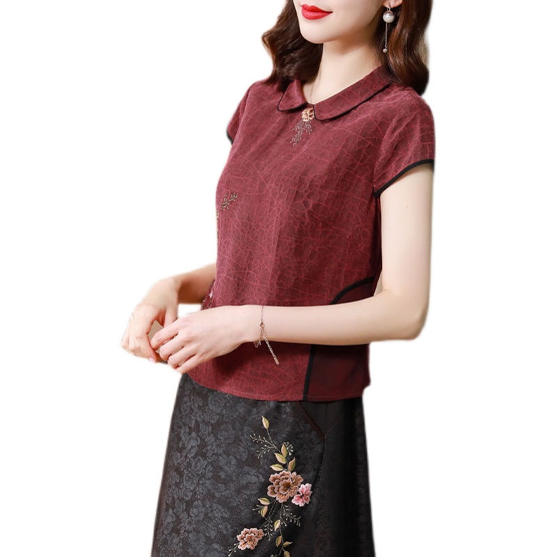 Embroidered summer shirt silk skirt 2pcs set for women