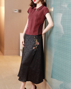 Embroidered summer shirt silk skirt 2pcs set for women