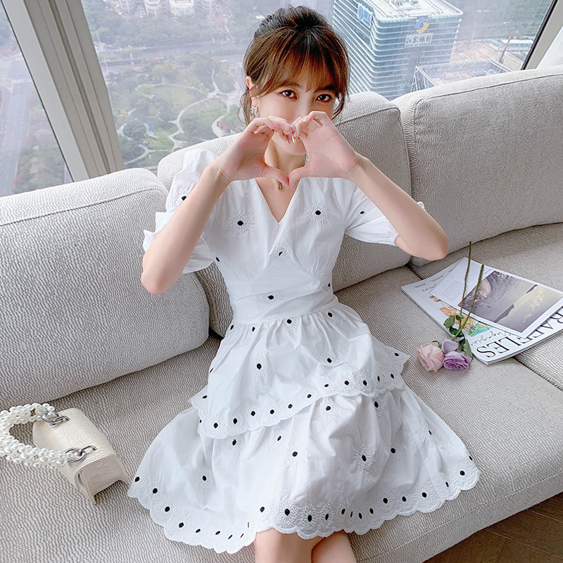 V-neck puff sleeve lady embroidery summer slim dress