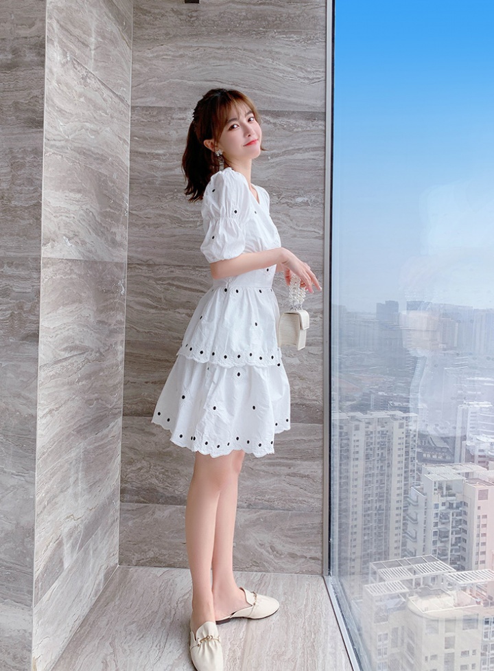 V-neck puff sleeve lady embroidery summer slim dress