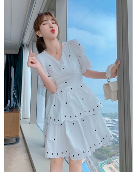 V-neck puff sleeve lady embroidery summer slim dress