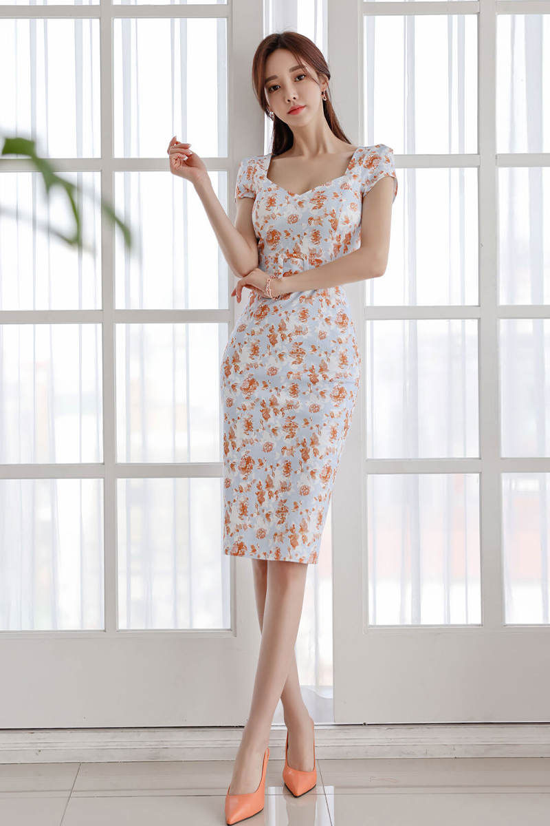 Temperament package hip printing Korean style long dress