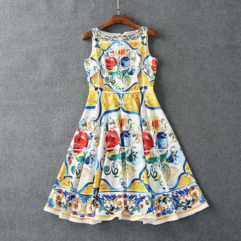 Blue and white porcelain fashion printing back buckle dress