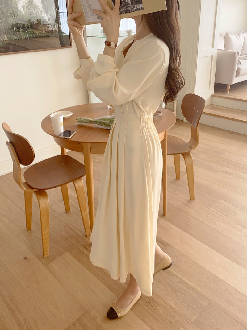 Pinched waist slim V-neck temperament Korean style pure dress