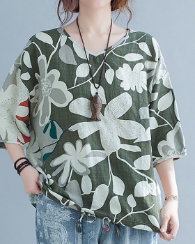V-neck large yard tops cotton linen fat T-shirt