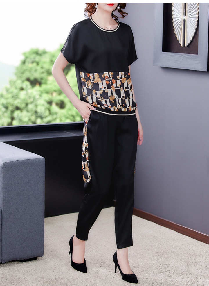 Real silk silk tops black pencil pants 2pcs set for women
