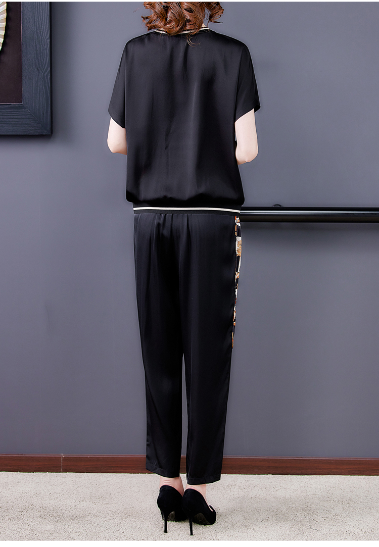 Real silk silk tops black pencil pants 2pcs set for women