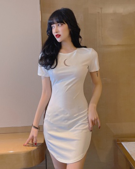 Short sleeve package hip pure bottoming round neck slim dress