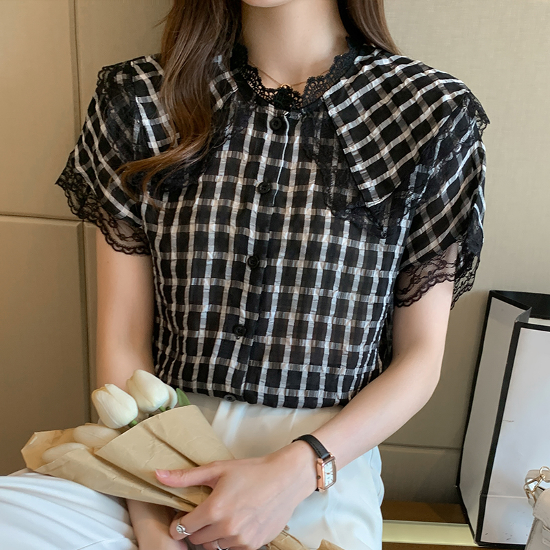 Plaid Western style shirt short sleeve tops for women