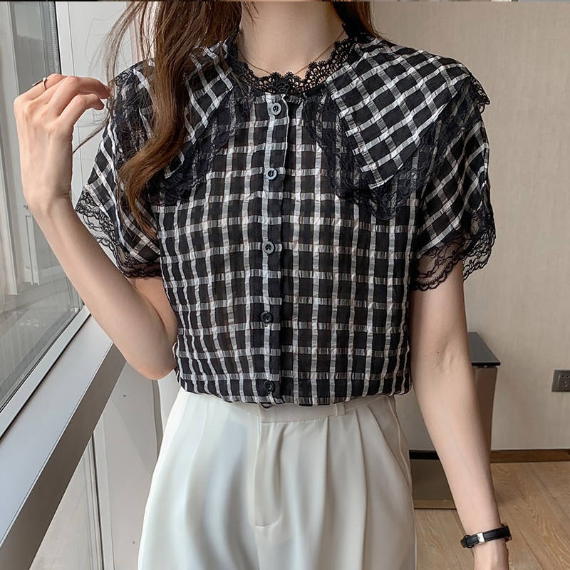 Plaid Western style shirt short sleeve tops for women