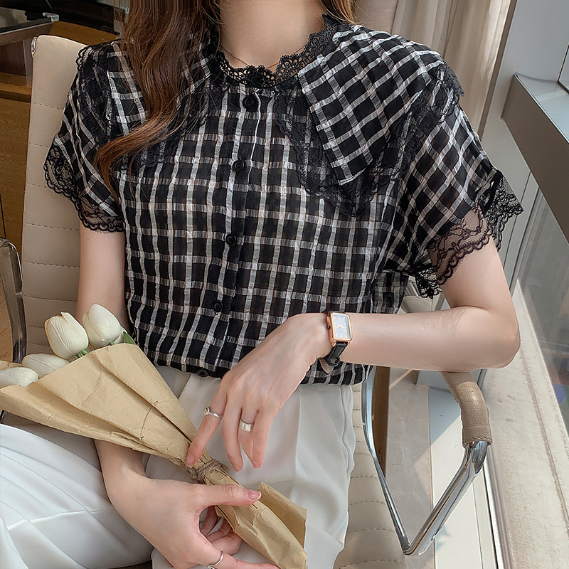 Plaid Western style shirt short sleeve tops for women