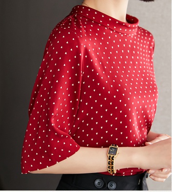 Polka dot cstand collar tops short sleeve silk shirt