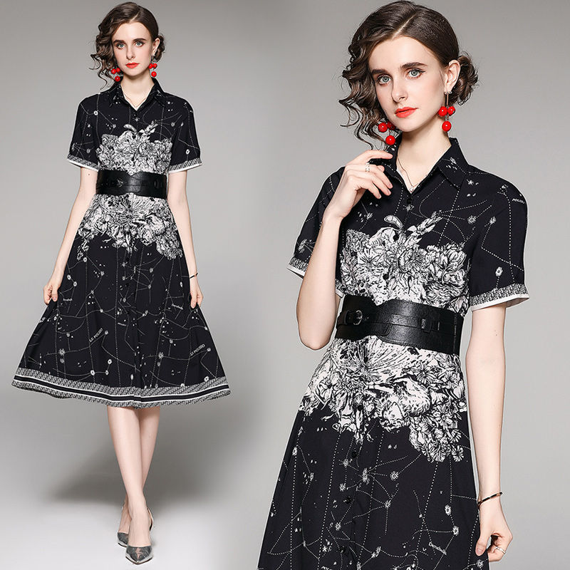 European style short sleeve cardigan fashion printing dress