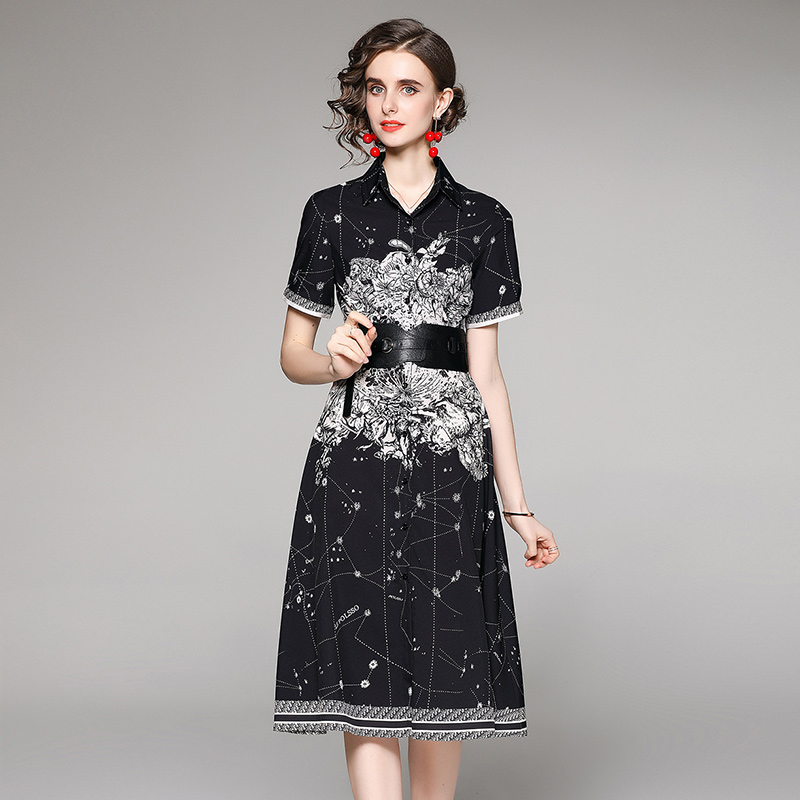 European style short sleeve cardigan fashion printing dress