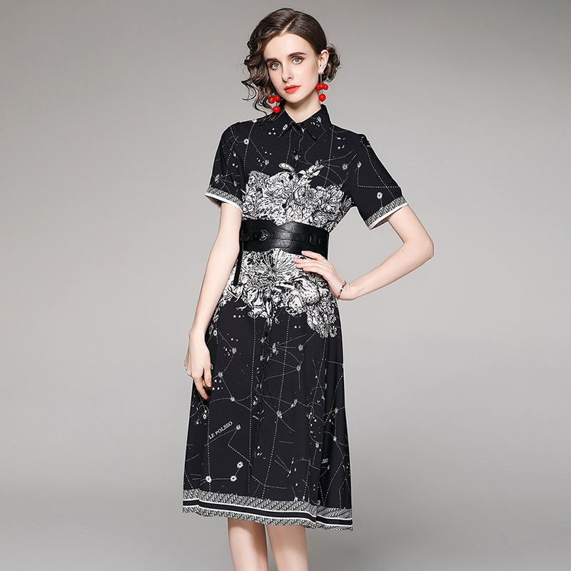 European style short sleeve cardigan fashion printing dress