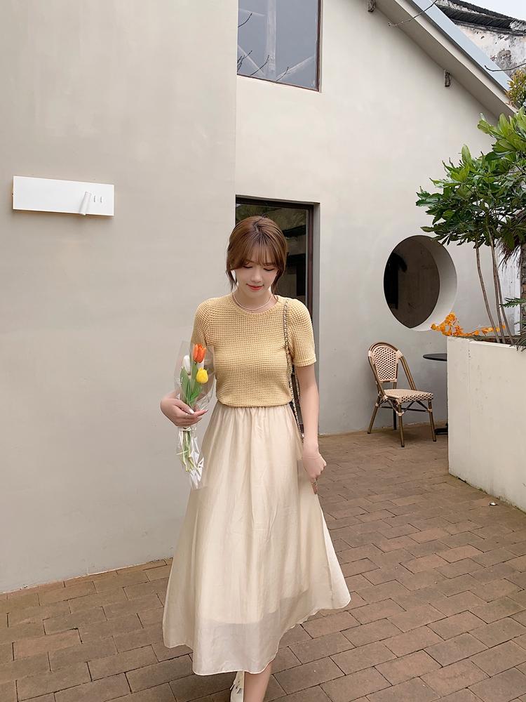 Korean style pure skirt round neck summer sweater 2pcs set