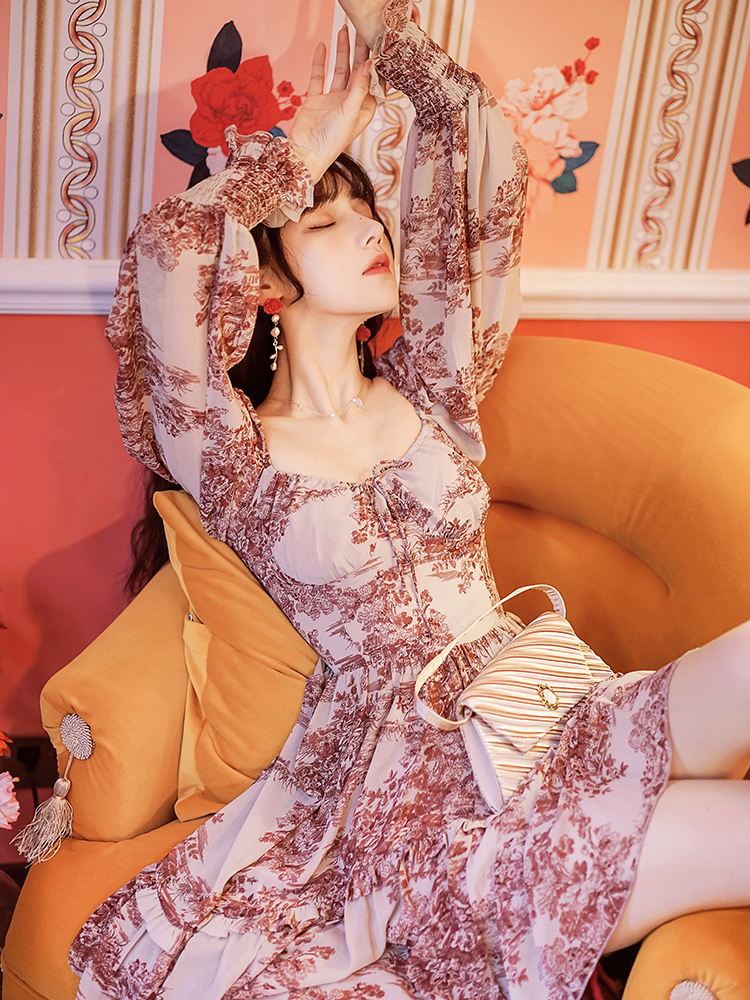Square collar France style floral retro temperament dress