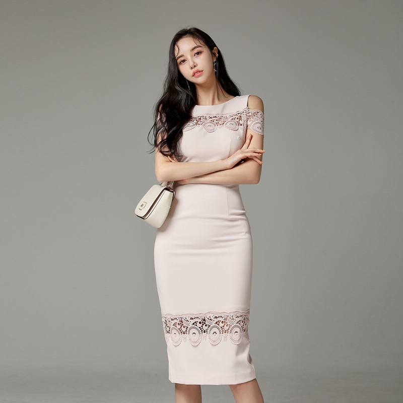 Round neck splice hanging sleeves strapless slim lace dress