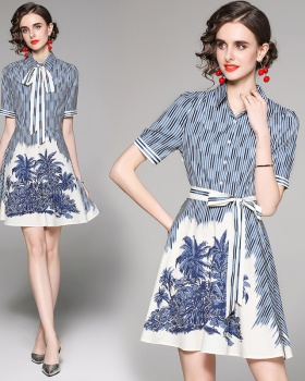 European style fashion printing pinched waist with belt dress