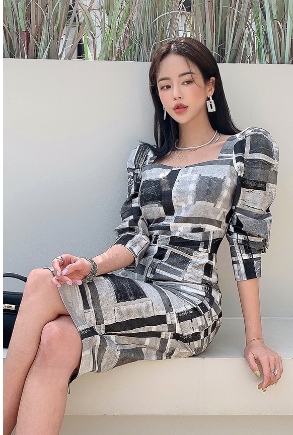 Square collar Korean style sleeve printing long dress