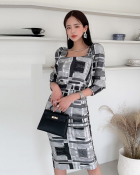 Square collar Korean style sleeve printing long dress