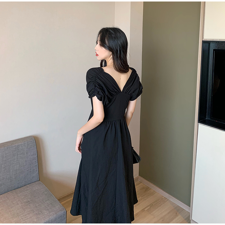 Retro black pinched waist temperament France style slim dress