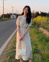 Bandage Korean style floral pinched waist dress