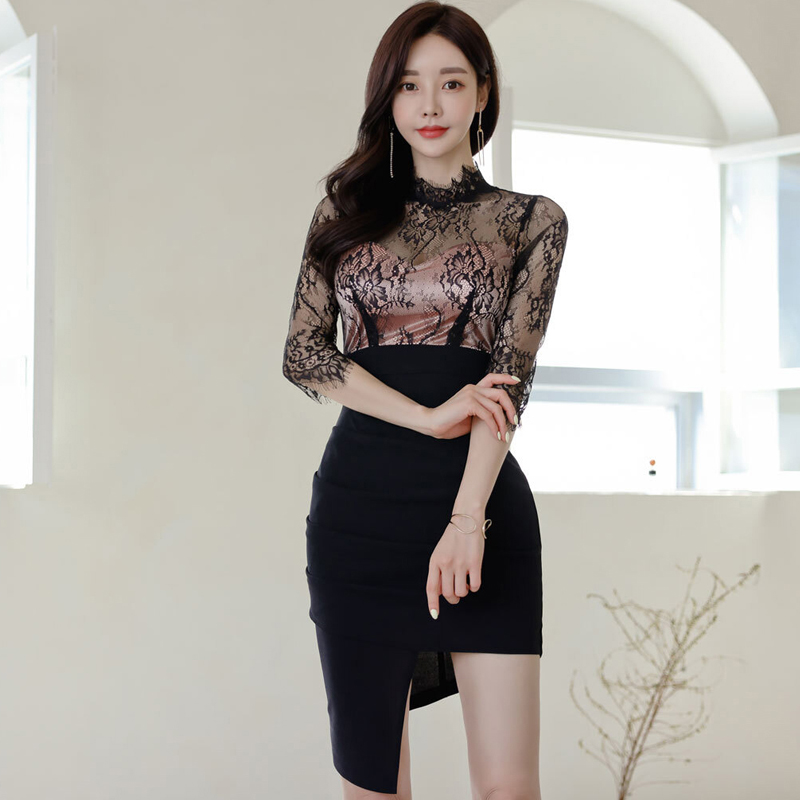 Splice Korean style hip T-back sexy lace dress for women