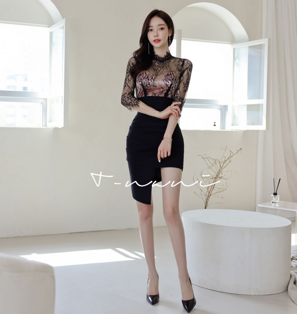 Splice Korean style hip T-back sexy lace dress for women