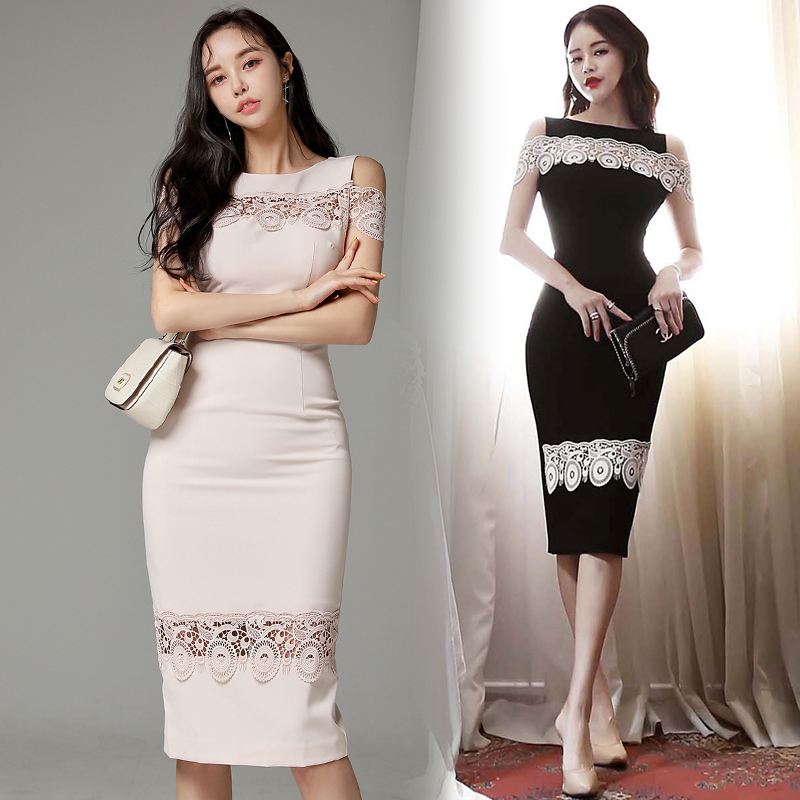 Round neck temperament Korean style lace long slim dress