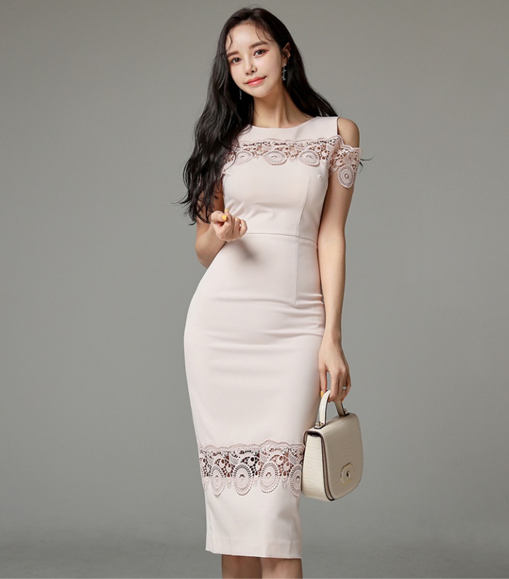 Round neck temperament Korean style lace long slim dress