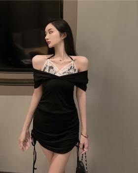 Drawstring Pseudo-two splice lace pinched waist dress