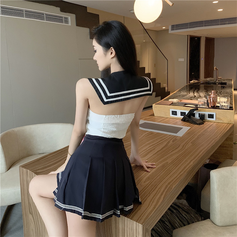 Sexy elastic summer shirt pleated halter short skirt a set