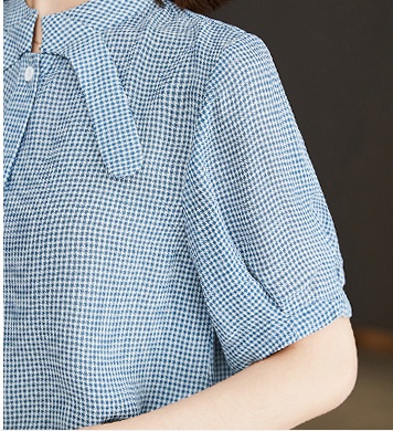 Puff sleeve blue-white plaid temperament shirt