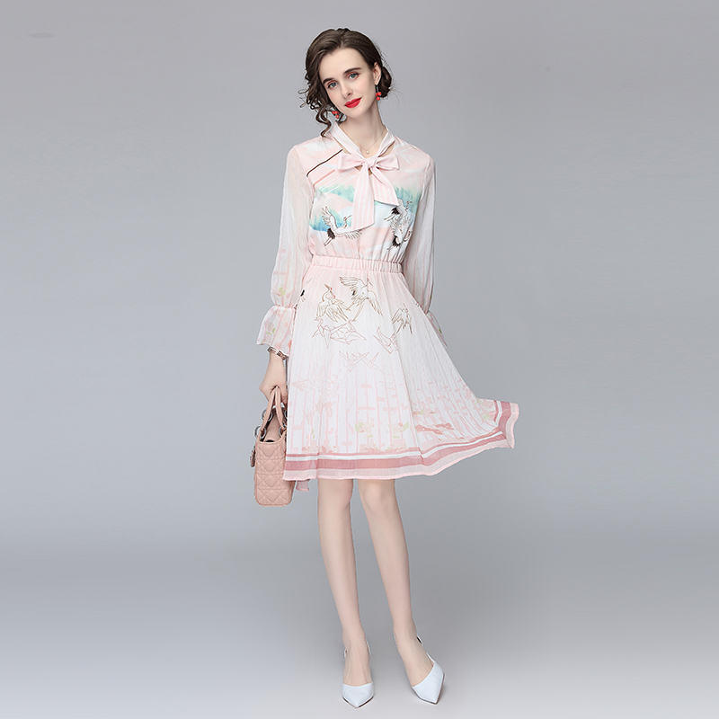 Printing pinched waist retro pink streamer dress for women