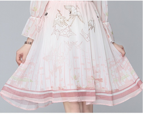 Printing pinched waist retro pink streamer dress for women