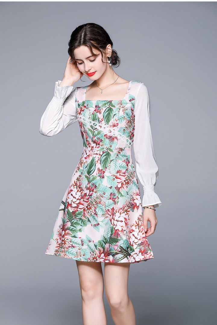 Pinched waist square collar fashion trumpet sleeves dress