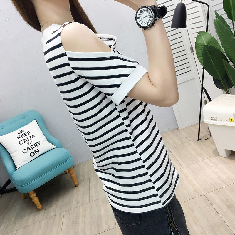 Stripe short sleeve fashion strapless T-shirt for women