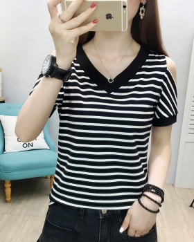 Stripe short sleeve fashion strapless T-shirt for women
