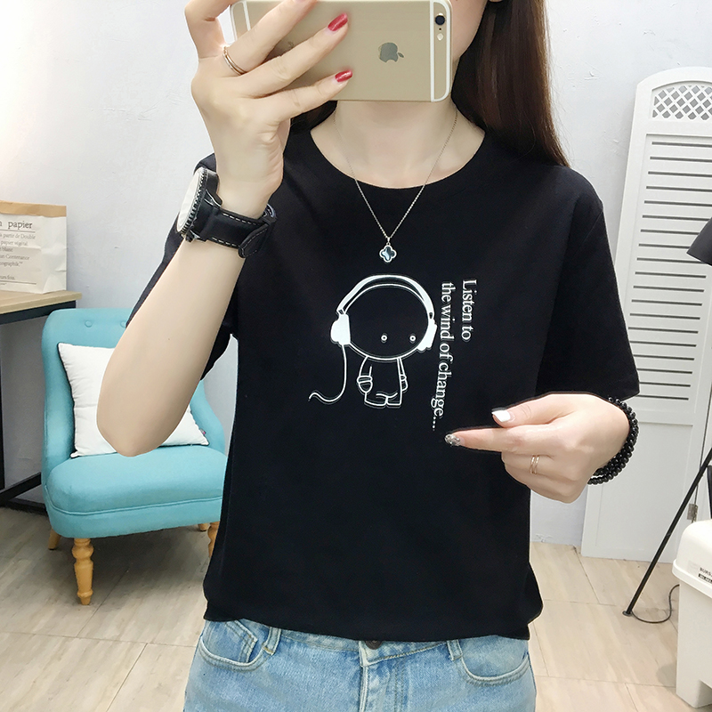 Printing round neck tops all-match T-shirt for women